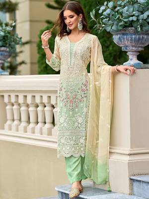 Floral Embroidered Sequinned Straight Organza Kurta With Trousers And Dupatta 1