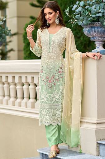 Floral Embroidered Sequinned Straight Organza Kurta With Trousers And Dupatta
