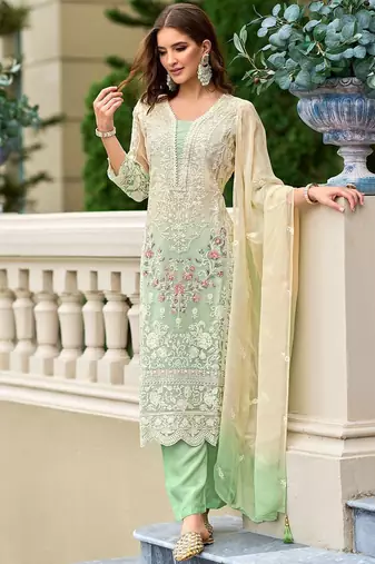 Floral Embroidered Sequinned Straight Organza Kurta With Trousers And Dupatta