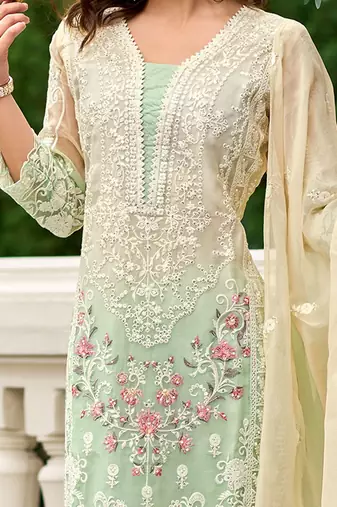 Floral Embroidered Sequinned Straight Organza Kurta With Trousers And Dupatta