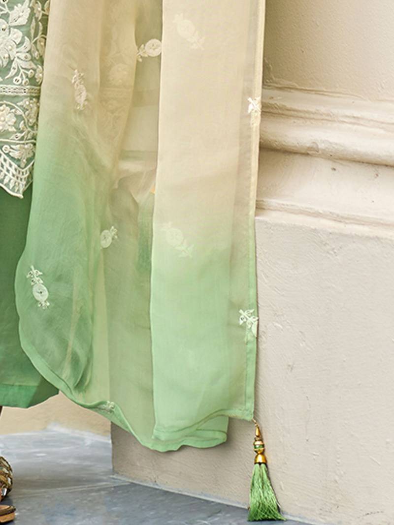 Floral Embroidered Sequinned Straight Organza Kurta With Trousers And Dupatta