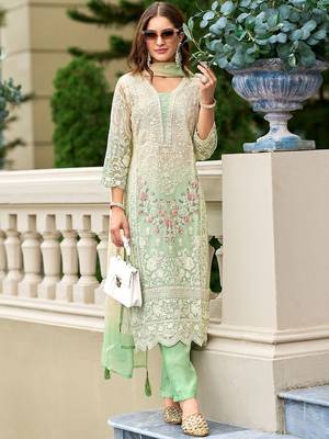 Floral Embroidered Sequinned Straight Organza Kurta With Trousers And Dupatta 5