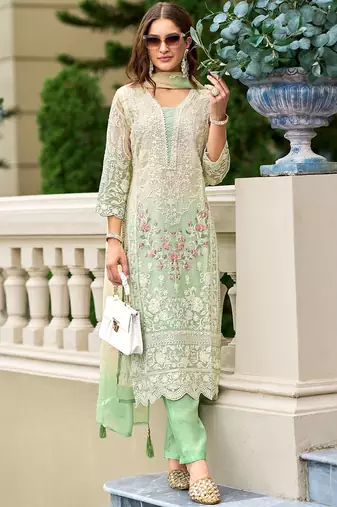 Floral Embroidered Sequinned Straight Organza Kurta With Trousers And Dupatta