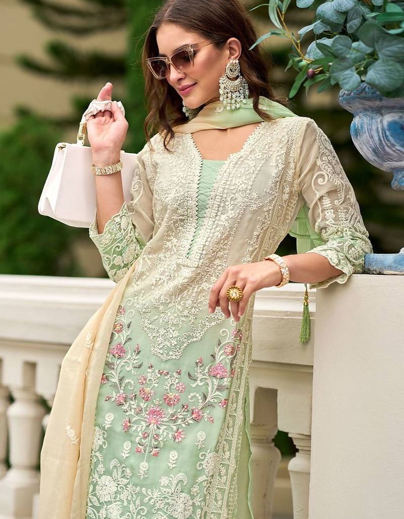 Floral Embroidered Sequinned Straight Organza Kurta With Trousers And Dupatta