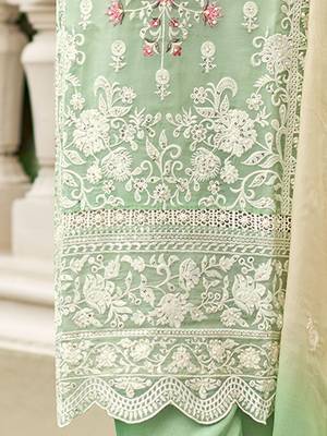 Floral Embroidered Sequinned Straight Organza Kurta With Trousers And Dupatta 7