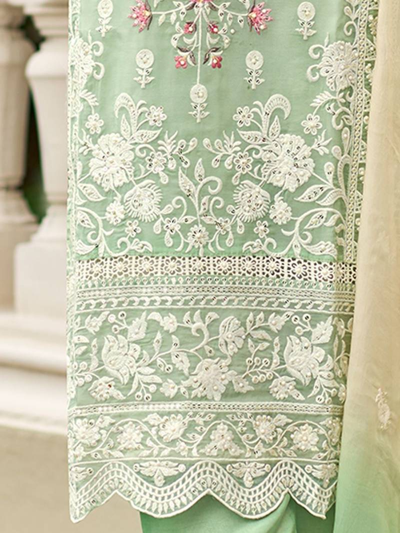 Floral Embroidered Sequinned Straight Organza Kurta With Trousers And Dupatta
