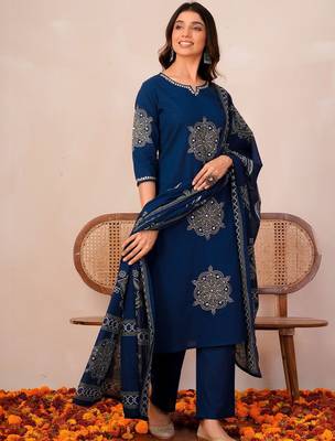 Women Ethnic Motifs Printed Regular Sequinned  Cotton Kurta with Trousers & With Dupatta 1