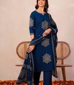 Women Ethnic Motifs Printed Regular Sequinned  Cotton Kurta with Trousers & With Dupatta