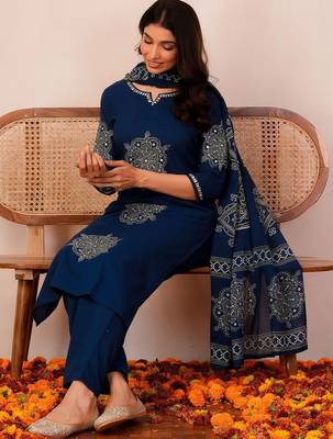 Women Ethnic Motifs Printed Regular Sequinned  Cotton Kurta with Trousers & With Dupatta 3