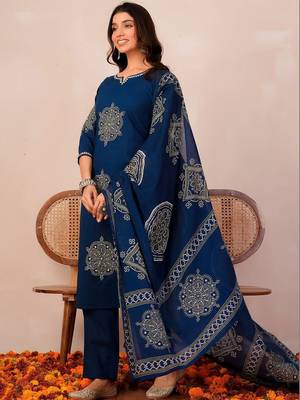 Women Ethnic Motifs Printed Regular Sequinned  Cotton Kurta with Trousers & With Dupatta 5