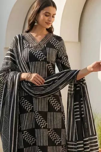 Women Printed Regular  Cotton Kurta with Trousers & With Dupatta