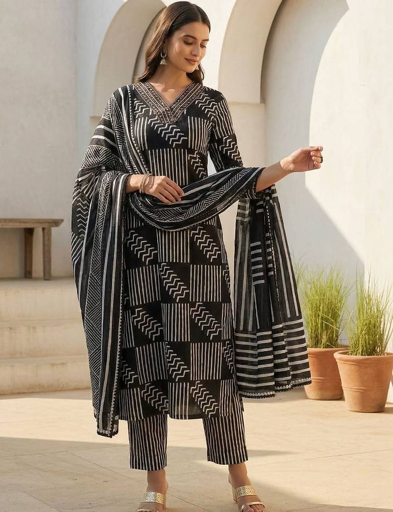 Women Printed Regular  Cotton Kurta with Trousers & With Dupatta