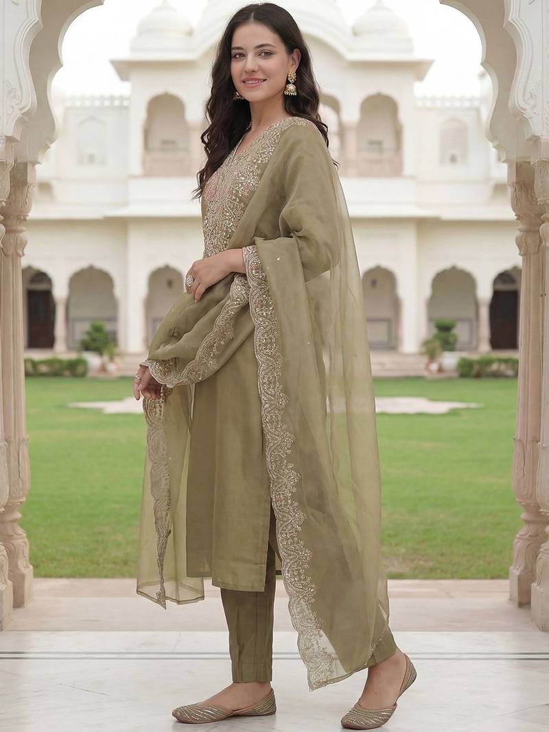 Women Ethnic Motifs Embroidered Regular Thread Work Kurta with Trousers & With Dupatta