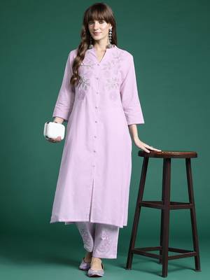 Floral Embroidered Thread Work  Cotton Kurta with Trousers 1