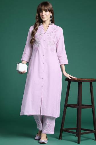 Floral Embroidered Thread Work  Cotton Kurta with Trousers