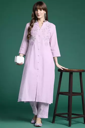 Floral Embroidered Thread Work  Cotton Kurta with Trousers