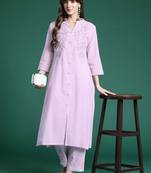Floral Embroidered Thread Work  Cotton Kurta with Trousers
