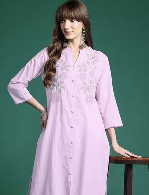 Floral Embroidered Thread Work  Cotton Kurta with Trousers 4