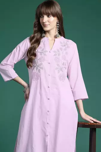 Floral Embroidered Thread Work  Cotton Kurta with Trousers