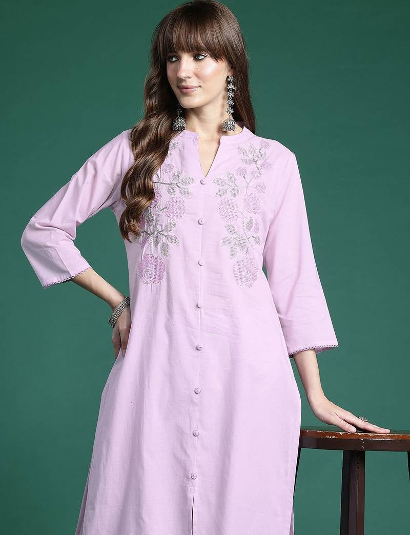 Floral Embroidered Thread Work  Cotton Kurta with Trousers