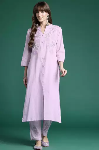 Floral Embroidered Thread Work  Cotton Kurta with Trousers