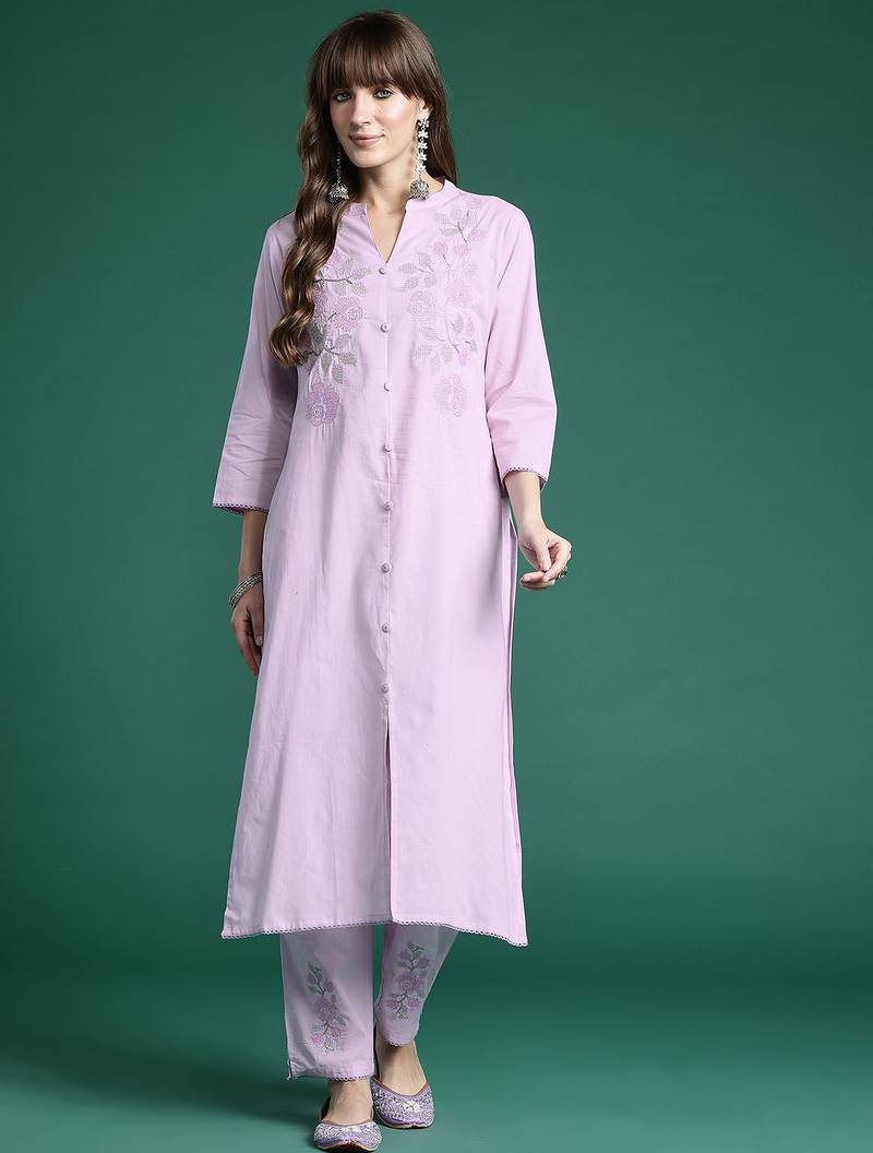 Floral Embroidered Thread Work  Cotton Kurta with Trousers