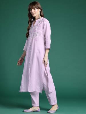 Floral Embroidered Thread Work  Cotton Kurta with Trousers 6
