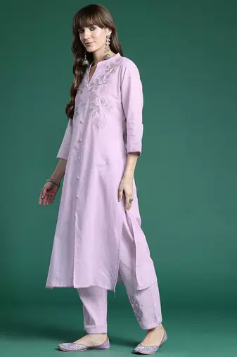 Floral Embroidered Thread Work  Cotton Kurta with Trousers