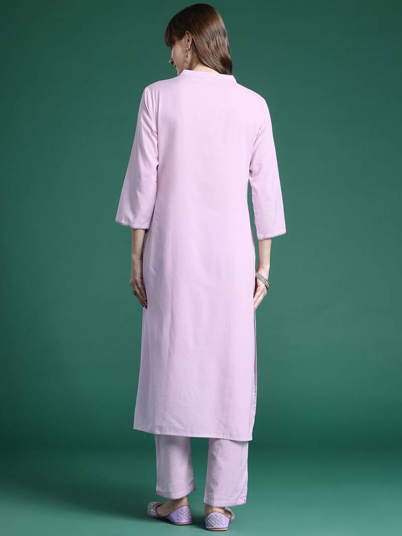 Floral Embroidered Thread Work  Cotton Kurta with Trousers
