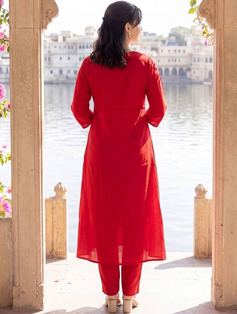 Women Embroidered Empire Thread Work Kurta with Trousers & With Dupatta