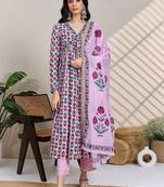 Women Floral Printed Empire  Cotton Kurta with Trousers & Dupatta
