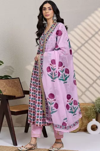 Women Floral Printed Empire  Cotton Kurta with Trousers & Dupatta
