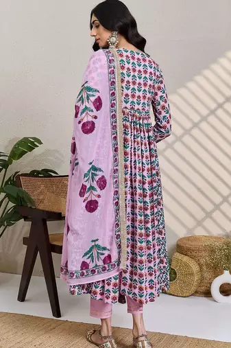 Women Floral Printed Empire  Cotton Kurta with Trousers & Dupatta