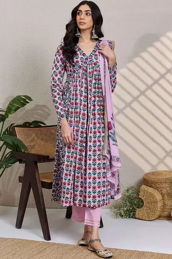 Women Floral Printed Empire  Cotton Kurta with Trousers & Dupatta