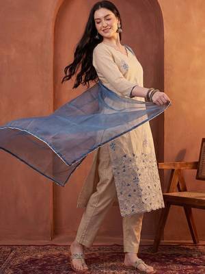 Women Ethnic Motifs Embroidered Regular Thread Work Kurta With Trousers & Dupatta 2