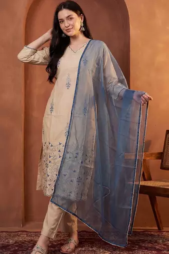 Women Ethnic Motifs Embroidered Regular Thread Work Kurta With Trousers & Dupatta