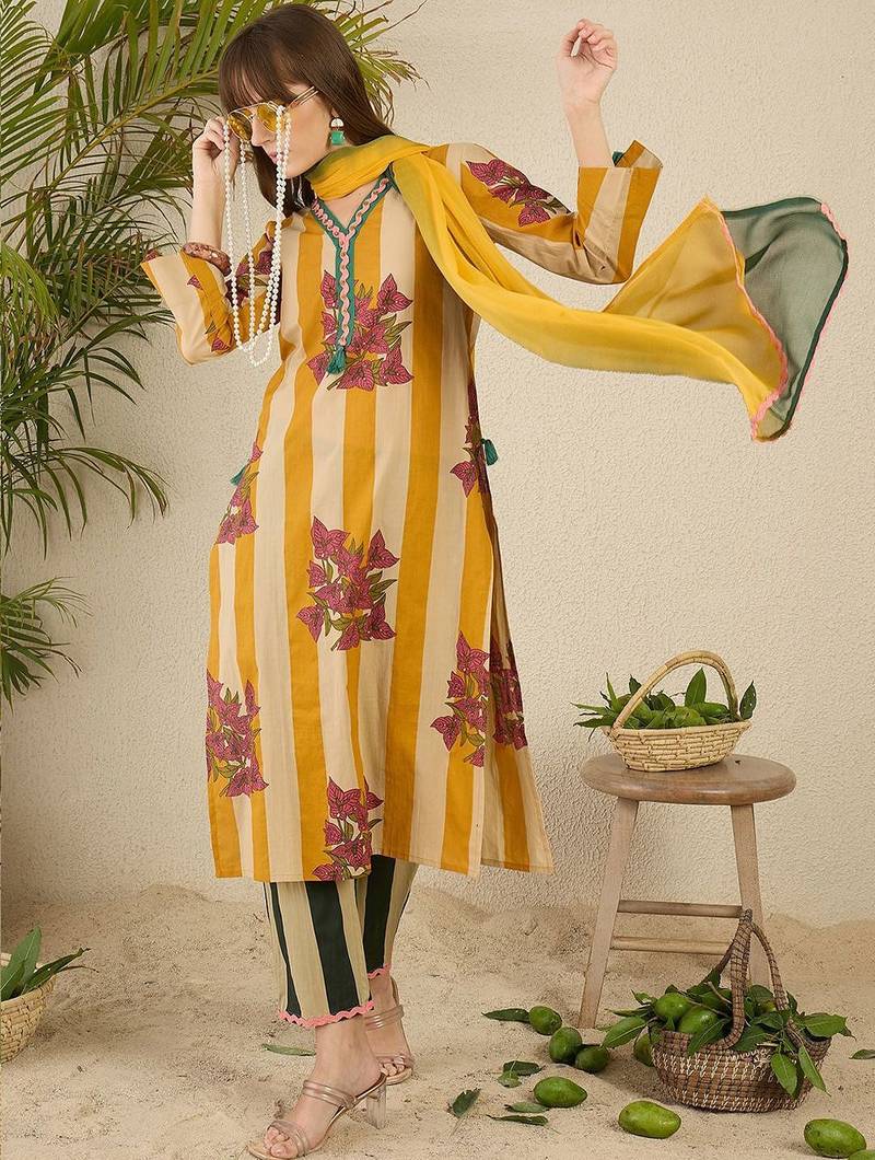 Women Tribal Striped Regular  Cotton Kurtas & Trousers With Dupatta