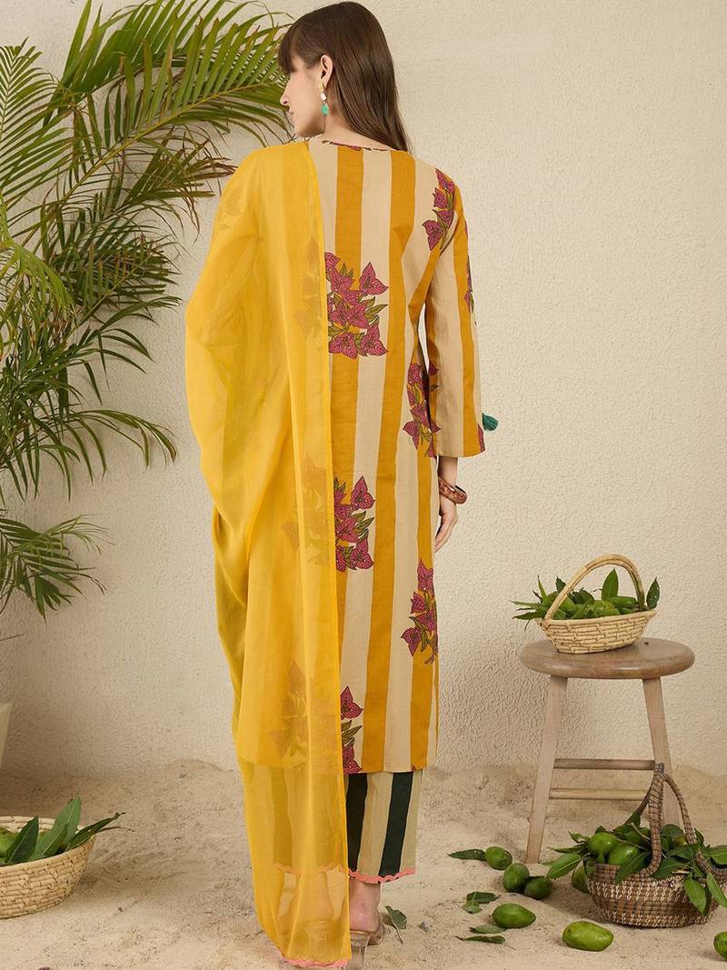 Women Tribal Striped Regular  Cotton Kurtas & Trousers With Dupatta