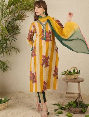 Women Tribal Striped Regular  Cotton Kurtas & Trousers With Dupatta 6