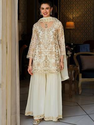 Women Ethnic Motifs Embroidered Regular Thread Work Kurta with Sharara & With Dupatta 1