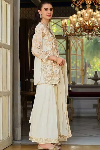 Women Ethnic Motifs Embroidered Regular Thread Work Kurta with Sharara & With Dupatta
