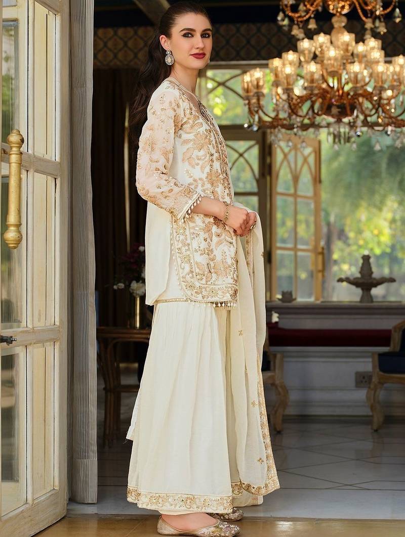 Women Ethnic Motifs Embroidered Regular Thread Work Kurta with Sharara & With Dupatta