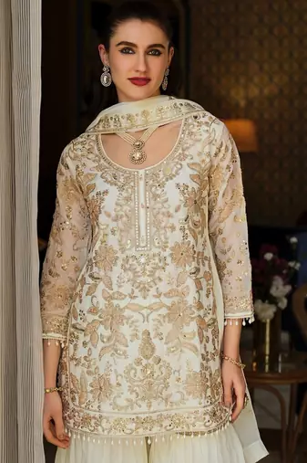 Women Ethnic Motifs Embroidered Regular Thread Work Kurta with Sharara & With Dupatta