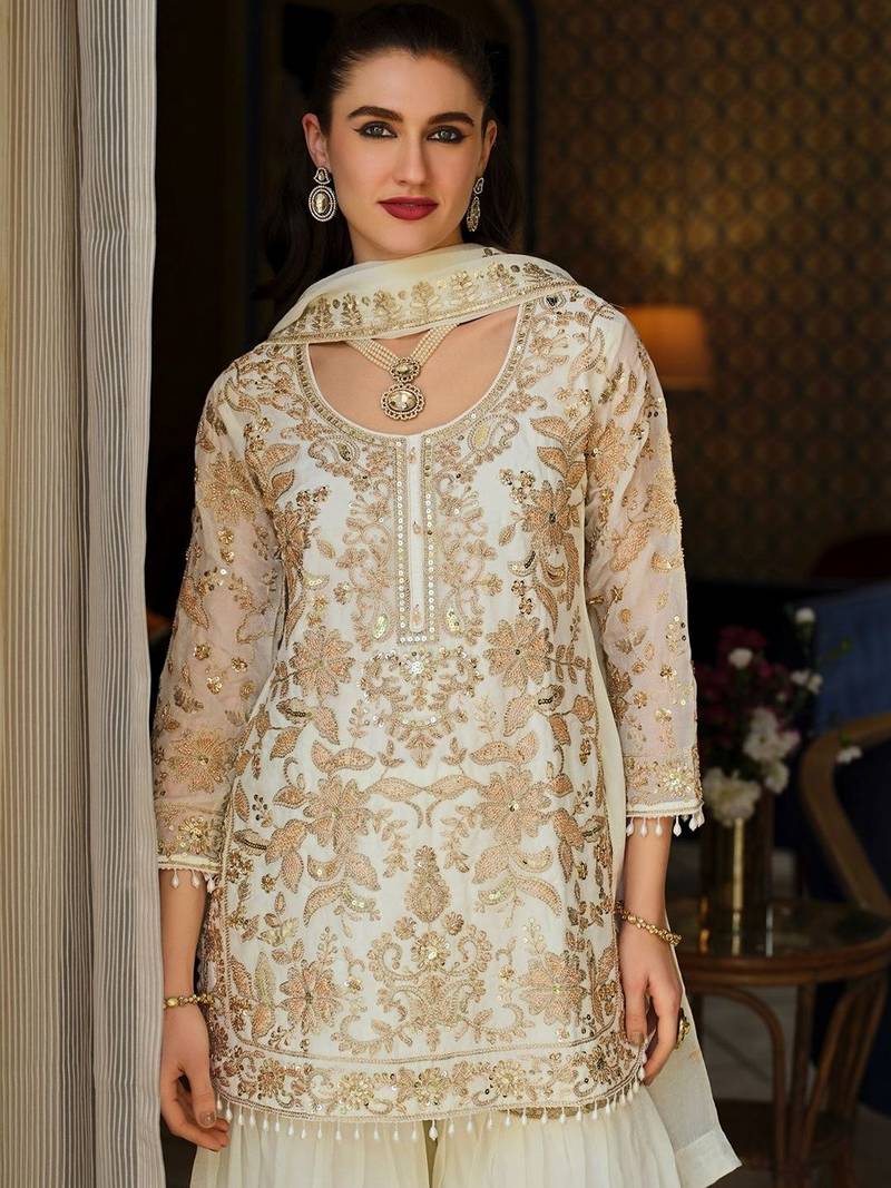 Women Ethnic Motifs Embroidered Regular Thread Work Kurta with Sharara & With Dupatta