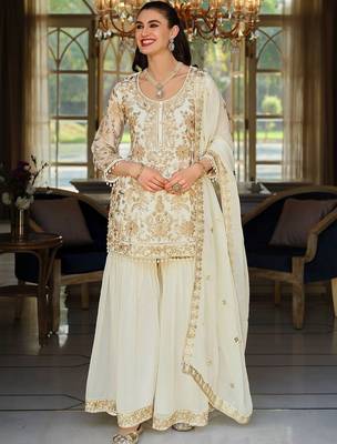 Women Ethnic Motifs Embroidered Regular Thread Work Kurta with Sharara & With Dupatta 6