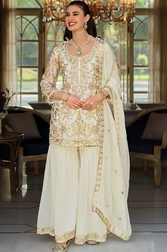 Women Ethnic Motifs Embroidered Regular Thread Work Kurta with Sharara & With Dupatta