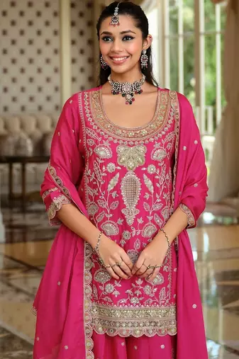 Women Ethnic Motifs Embroidered Regular Kurta with Sharara & With Dupatta