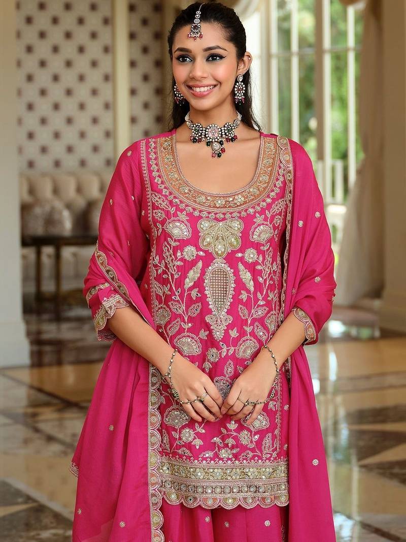 Women Ethnic Motifs Embroidered Regular Kurta with Sharara & With Dupatta