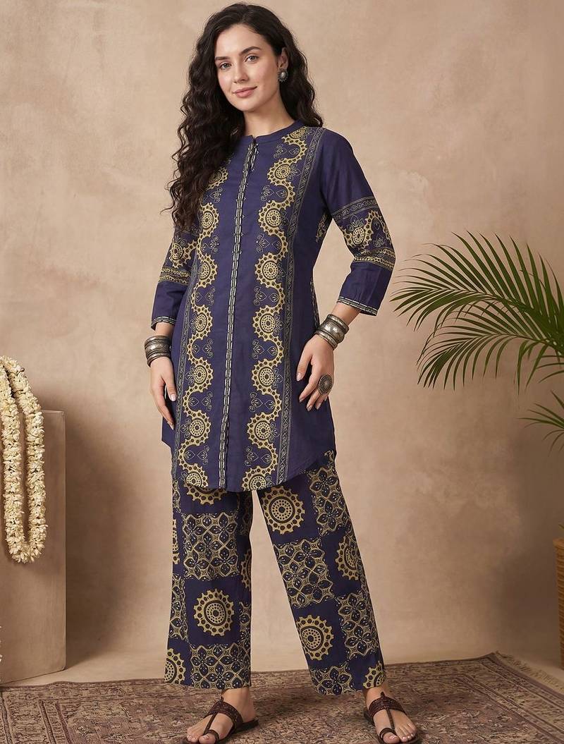 Women Ethnic Motifs Printed Regular  Cotton Kurti with Trousers