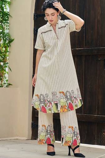 Women Striped Cotton A-Line Kurta with Palazzo